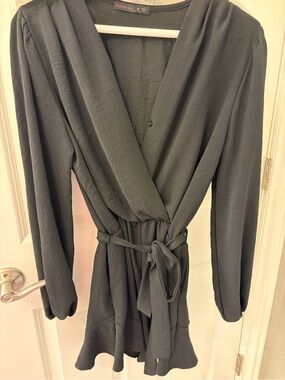 tracie by j charcoal black wrap romper with waist tie